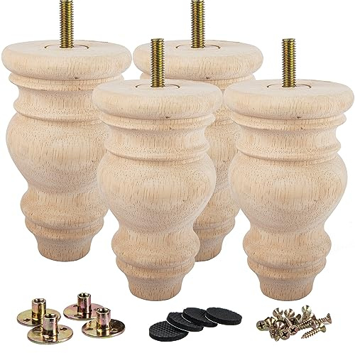 La Vane 12cm Unlackiert Massivholz Möbelfüße DIY mit M8 Bolzen 4 Stück | Unbehandelt-Einfach Beizbar & Lackierbar, Klassisch Spindelform, mit M8 Montageplatte, für Sofa Schrank Couch Tisch Bett