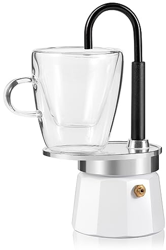 MVPLUE-Mini Express Swiss Single Tube Moka Pot Aluminum Ivory white，Moka Set includes One Double Wall 3oz Cup,Enjoy delicious coffee in no time