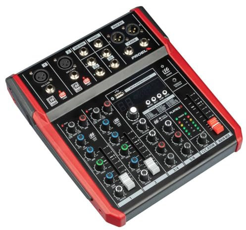 PROEL Proel PLAYMIX6 - Mixer audio a 6 ingressi con modulo bluetooth, lettore MP3 e Registrazione stereo su USB, Nero rifiniture in Rosso