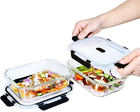 ERUIV Meal Prep Set 2 piezas 1040 ml Contenedores de Vidrio Con Tapas a Prueba de Fugas Con Cierre Hermético, Fiambreras Reutilizables Aptas Para Microondas Sin BPA Recipientes (Rectangular)