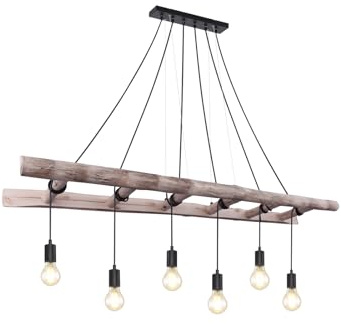 meineWunschleuchte Balkenpendelleuchte 6-flammig mit Holzleiter und extra langen Lampenkabeln, Länge 160cm