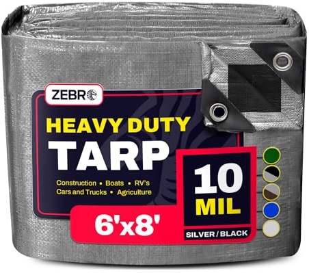 6' x 8' Silver/Black Heavy Duty Tarp with Grommets Reinforced - 10 Mil Thick - Double Sided Plastic Waterproof Tarps - Large Tarpaulin Cover for Outdoor Camping Tent Tarp RV Roof Rain - Zebro