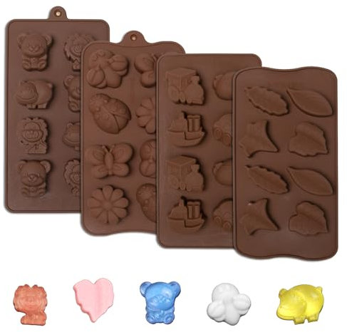 Sxutop 4 Stück Schokoladenform Tiere Pralinenform Silikon 3d Schokolade Silikonform Blume und Blatt Lebensmittel Silikon Backform Tiere für Schokolade Fondant Gelee Muffinform EiswüRfel und Seifen