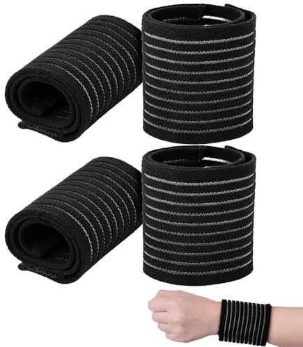 DHWEKU 4 piezas correa de muñeca elástica poliéster manga de compresión transpirable soporte de muñeca banda de soporte de mano para tenis gimnasio deportes hombres mujeres (negro)