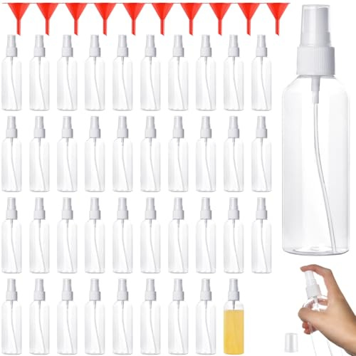 100ml Spray Bottles with Lids,Plastic Refillable Spray Bottle with 10Funnel | 40pcs Small Transparent Plastic Empty Bottles, Mini Fine Mist Travel Bottle for Cleaning, Perfume,Makeup