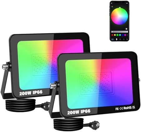 AUXTINGS Set di 2 faretti RGB LED per esterni, 200 W, luce intelligente, cambio di colore, proiettore Bluetooth, controllo dell'applicazione IP66, luce atmosferica dimmerabile impermeabile EU plug