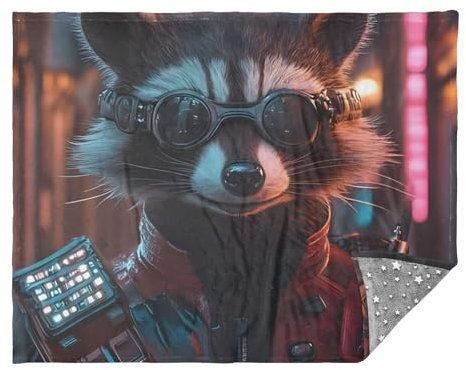 Joitme Cyber Raccoon Nightscape Black Reisedecken, warme Reisedecke, Reisedecken für Flugzeuge, Winterdecke für Herren