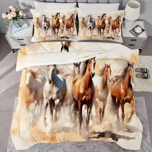 buyluhn Bettdecke 180x220 Pferd, 4 Jahreszeiten Bettdecken Wilde Tiere Ohne Bezug Nutzbar, Kinder Steppdecke Ganzjahresdecke, Waschbar Bettzeug mit 2 Kissenbezug für Sommer Winter