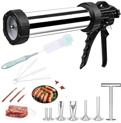 Sausage Maker,Sausage Stuffer Large Capacity Jerky Gun Kit, Stainless Steel Beef Jerky Gun, Meat Gun with 5 Nozzles, Sausage Stuffer, Beef Jerky Maker，1 Meat Pusher, and 5 Cleaning Brushes，Perfect for