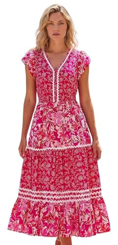 Roman Shirred Empire Waist Dress for Women UK Ladies Midi Maxi Summer Spring Tiered Frill Hem Short Sleeve V Neck Button Through Boho Bohemian Holiday Cruise