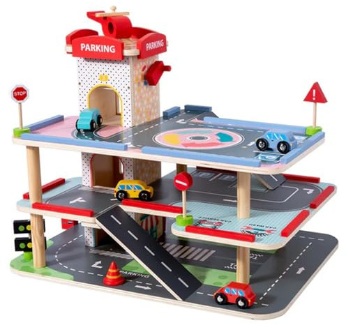 Wooden Toy Garage for Children 3+ Years with Cars Kids Car Ramp Parking 3 Level Car Park Gift Playset with Lift and Road Signs