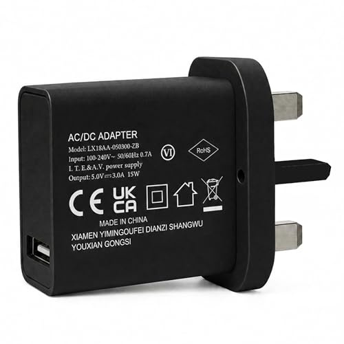 15W USB Charger UK Plug, Black 5V 3A USB-A Power Adapter for Phone & Tablet | Compact 100-240V USB-A wall charger with flame-retardant ABS+PC shell for everyday phone, tablet, speaker and travel charging