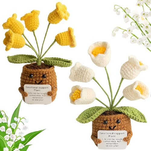 Crochet Flowers,2 Pcs Crochet Flower Bouquet With 5 Blooms,Lily of the Valley Plants,Knitted Flowers Lily of the Valley,Emotional Support Gift For Positive,Motivational and Good Luck For Women & Girls