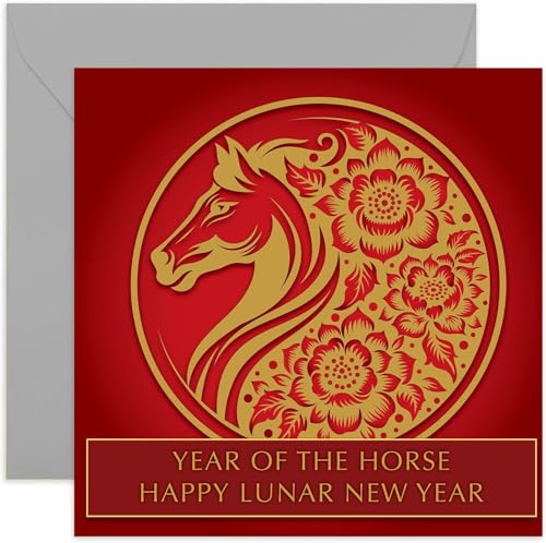 Élégante carte de Nouvel An lunaire pour la famille et les amis – Cadeau de l'année du cheval – Carte de vœux animal du zodiaque chinois – Feuille d'or rouge 2026