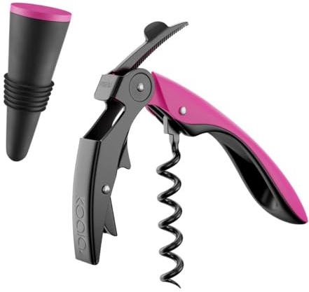 Set de Vino con Sacacorchos Profesional de Dos Tiempos, Tapón de Silicona Color Rosa y Funda de Terciopelo – Regalo Solidario | Rosa, Acero Inox, acabado mate, 4,5x2,5x19,5cm