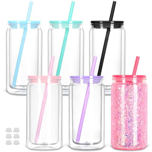 Tswofia Confezione da 6 bicchieri in plastica con coperchio e cannuccia, da 473,6 ml, a doppia parete, pre-forati, ideali come regalo fai da te (colori misti)