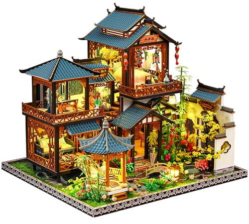 Spilay Maison Miniature, Cour Chinoise Maison de Poupée | Avec LED, Vitrine et Musique, Puzzle 3D Bois, Kit Créatif Adulte, Décoration Bureau, Étagère, Cadeau DIY
