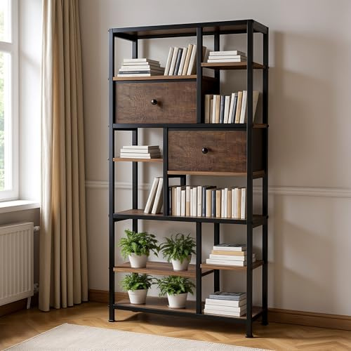 Rebonique Bücherregal, 7 Ebenen Standregal mit 2 verstellbar Schubladen,Hoches Industrielles Bücherregal, Bücherschrank Aufbewahrungsregal für Büro, Wohnzimmer, Schlafzimmer,73x30x151cm (Vintagebraun)