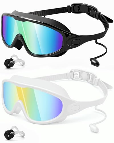 Lorrtta Gafas de natación de visión amplia, 2 unidades, antivaho y protección UV, gafas de natación para adultos, visión clara, para adultos, hombres, mujeres, sin fugas, color negro, azul y blanco