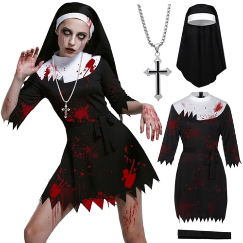 HarnyLoom Halloween Zombie Nonnen Kostüm, Schwarzes Kleid, Kreuz Kette, Nonnen Kopfbedeckung, Gruselig Nonnenkostüm Damen, Halloween Zombie Outfit, Faschingskostüme Damen (M)