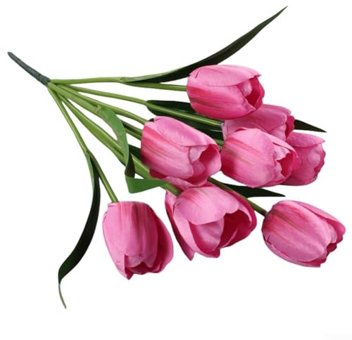 CYRENT Bouquet de tulipes artificielles avec 9 têtes de fleurs artificielles à tige longue en plastique pour mariage, décoration d'intérieur, centres de table de mariée (rose)