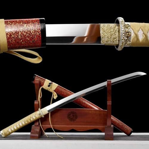 KWXPW 78cm Wakizashi Japanisches Katana,Schnellarbeitsstahl Klinge,Holzscheide,Handgefertigt Samurai-Schwert für Geschenke,Displays,Cosplay,Requisiten,Training