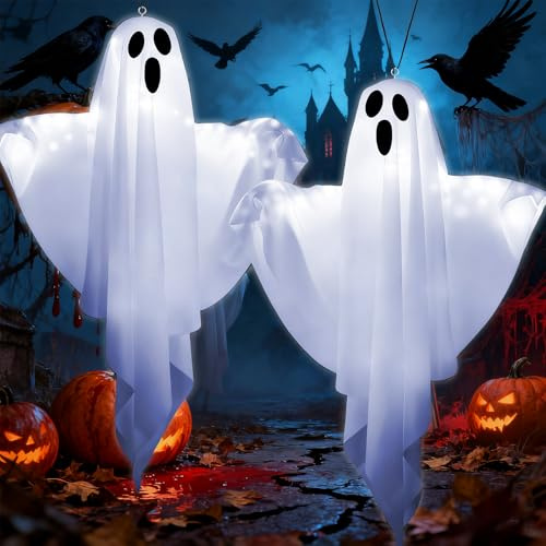 2 Stück Halloween Deko Outdoor,Halloween LED Geister Deko,Garten Windsäcke Geist,Hanging Lighted Glowing Ghost,Outdoor Windsäcke,für Party Terrasse Garten Veranda Patio Rasen Vorgarten