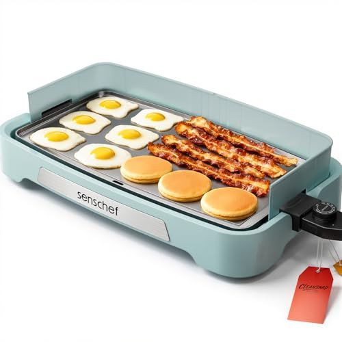 SENSCHEF Cleansnap Everyday Electric Griddle,The Ultimate Gift for Family Feasts - 20” Nonstick Grill with Foldable Anti-Mess Shield, Rapid 1700W Heat & PPG Ceramic Coating, Dishwasher Safe, Saga Blue
