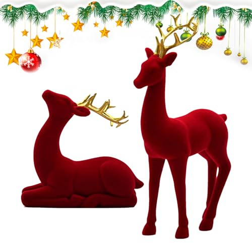 Generico Decorazioni Natalizie Renna,Figure Cervi Effetto Neve | 2 Pezzi Sculture in Piedi e Sedute Rosso Verde Estetica Alce per Decorazione Casa Tavolo Comodino Ufficio Festa