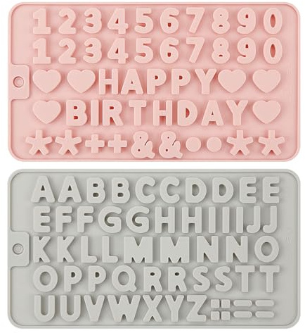 Hopzab 2 PCS Letters and Numbers Chocolate Silicone Mould Set Reusable Happy Birthday Symbols Mould for DIY Baking Cake Decoration Candy Fondant Jelly Biscuit Gummy Dessert Soap