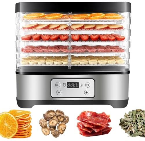 Deshidratador de acero inoxidable, deshidratador con 5 bandejas de altura regulable, indicador LED, 300 W, 35-70 °C, temporizador de 24 horas, para alimentos, setas, frutas, carne, pescado, verduras