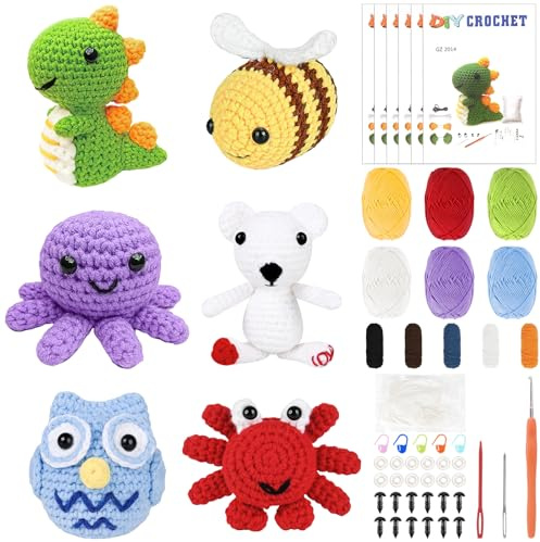Kaxtde 6er Amigurumi-Häkelset für Anfänger, Tiere mit Anleitung und Zubehör