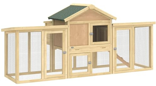 PawHut Hühnerstall Hühnerhaus 204x85x93 cm, Nistkasten, Entenstall | Aus Holz, Freilaufgehege mit 2 Ebenen, Wasserdichtem Dach, Sitzstange, Auslauf, Rampe, Hühnergehege für Enten, Kaninchen