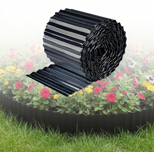 ADEPTNA Flexible Galvanised Steel Power Coated Black Finish Garden Lawn Edging – 5m Roll x 16.5cm High – Metal Grass Border With Rolled Safety Edge – Lawn & Path Divider (Black)