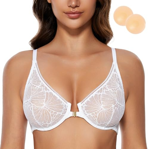 WingsLove Women's Lace Front Closure Bra Plus Size Underwired Support Non-Padded Everyday Push Up Bras Plunge Sheer Floral for Full Figure Big Bust