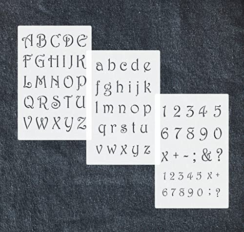 3er Schablonen Set 0034 Schnörkel- Buchstaben groß, klein und Zahlen