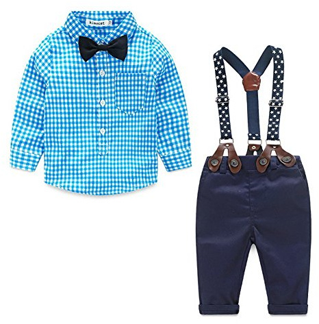 Odziezet Neonato Pagliaccetto da Battessimo Bambini Suit Formali Camicia a Quadri + Salopette (3-18 Mesi)