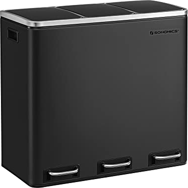 SONGMICS Kitchen Bin, 3 x 18 L Recycling Bin, 3 Compartment Rubbish Bin for Recycling and Waste, 15 Liners Included, Soft-Close Lids, Pedals, Inner Buckets, Steel, Ink Black LTB54BK