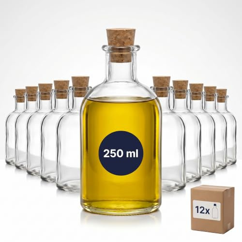 gouveo 12er Set Glasflasche 250 ml (0,25 l) Apothekerflasche rund mit konischem Korken, Klarglas Abfüllflaschen für Likör, Sirup, Saft, Öl & Essig (AFRT250SKE)