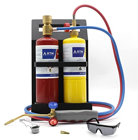 RTMMFG Oxygen MAPP Torch Kit Portable Cylinder Metal Stand, for Soldering, Brazing, Sparker, Protection Glass, Extra Nozzle(Gas Cylinders Not Included)