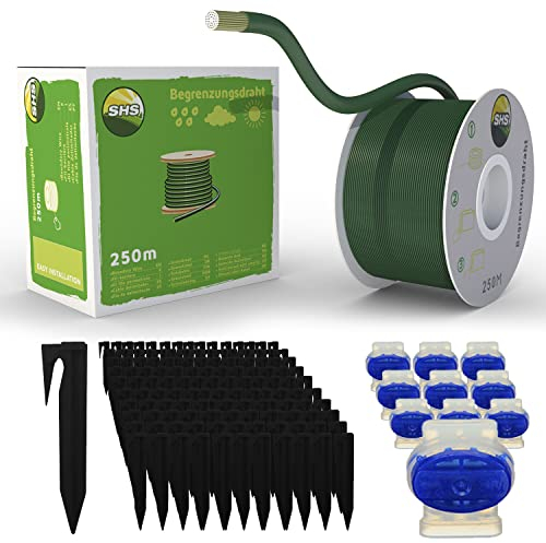 250m Begrenzungskabel + 750 Erdspieße + 10 Kabelverbinder für Mähroboter Rasenmäher Rasenroboter SET Begrenzungsdraht für Suchkabel - kompatibel mit GARDENA/BOSCH/HUSQVARNA/WORX