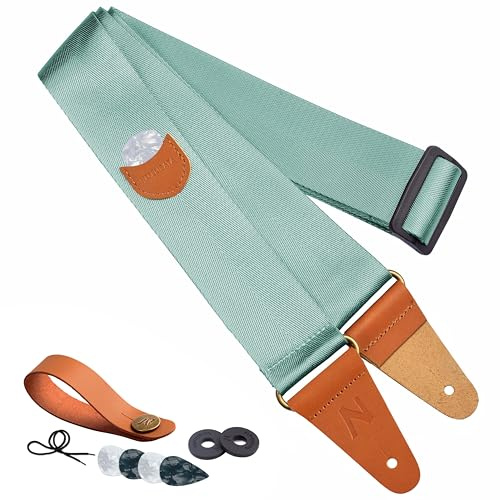 Nefelibata Guitar Strap with Pick Pocket, Full Grain Leather Ends Guitar Straps for Bass, Electric & Acoustic Guitar
