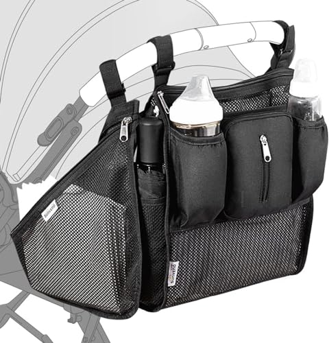 SUNVENO 2-in-1 Universal-Kinderwagen-Organizer, isolierte Getränkehalter, Handy-/Handgelenktasche mit Reißverschluss, seitliche Schlaufe, Netz-Tragetasche, verstellbare rutschfeste Riemen, passend für