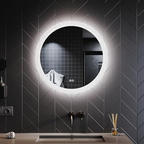 SONNI Specchio Bagno Rotondo con Luce 60 cm 3 luci di colore LED Single Touch con Antiappannamento Specchio da Parete Moderno Smerigliato