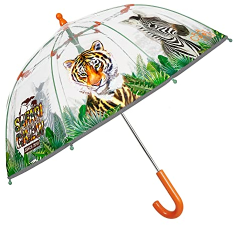 PERLETTI Transparenter Kinderschirm mit Tiger Giraffe Zebra - Regenschirm Kinder Reflektierend für Kleine Jungen 3 4 5 Jahre - Kinderregenschirm Durchsichtig Sicher - Durchmesser 64 cm (Safari)