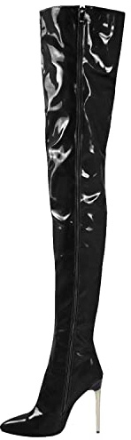 Botas sobre la rodilla de charol para mujer Sexy Tacón alto de aguja de 4.3 pulgadas Estiramiento Cremallera lateral Botas largas hasta el muslo Punta estrecha Botines sobre la rodilla,Negro,38