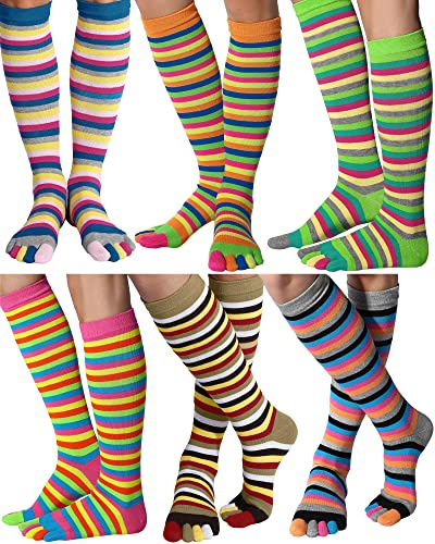 Bonuci 6 par regnbåge tåstrumpor kvinnor bomull knähöga tåstrumpa tå separerade randig lång strumpa LGBT Pride strumpa, blanda färg, one size