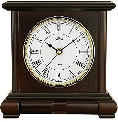 MPM Quality Retro Dark Wood Tischuhr, Dunkles Holz, Traditionelle und Elegante Holztischuhr, Römischen Ziffern, Präziser Quarz-Schrittmotor, Holz, schöne Tisch Dekoration für Wohnzimmer, Küche, Büro