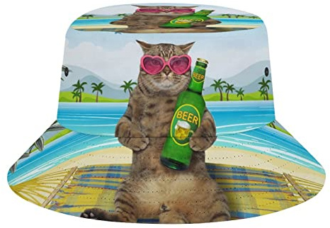 QQIAEJIA Hawaiianische Katze am Strand, Fischerhut, Unisex, Strandhut, Reisehut, Outdoor-Angelmütze für Damen und Herren