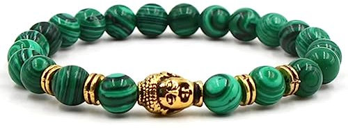 Epinki Armbänder mit Anhänger Gold Buddha für Damen & Herren, 8mm Malachit Elastisches Kugelarmband, Tolles Geschenk für Frauen, 19CM (Grün)